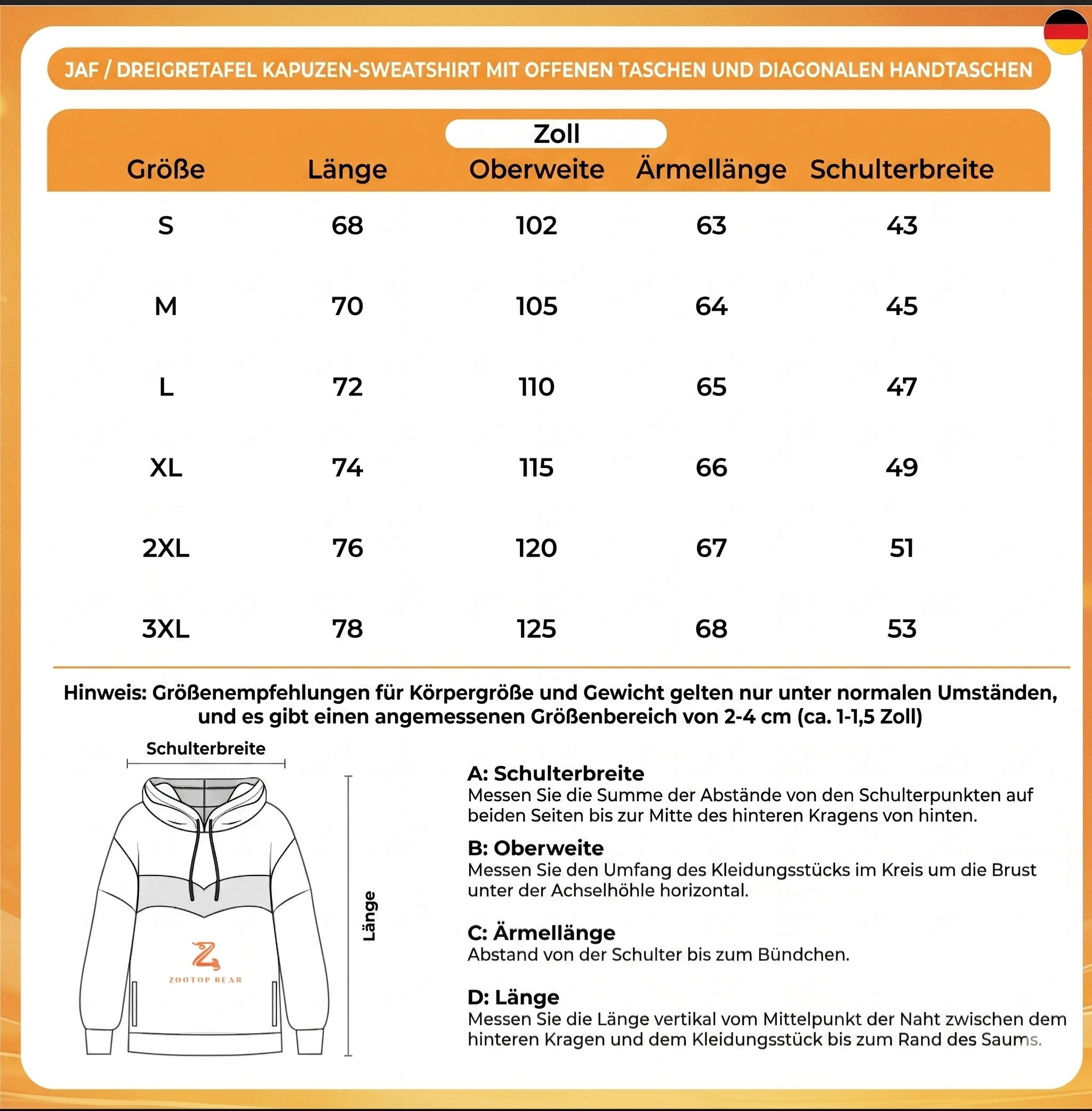 Größentabelle Kapuzen-Sweatshirt